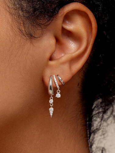 Triple Huggie Stacked Earrings for Women Gold Chain Drop Dangle Earrings Cute Statement CZ Earrings Trendy Dainty Jewelry Gift - color: Silver 2