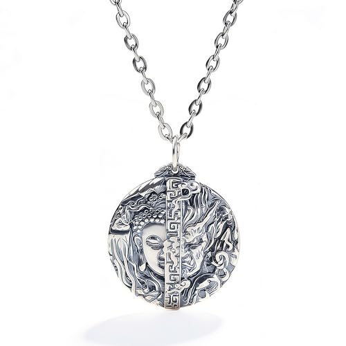 Buddha and Demon Copper Pendant Necklace for Men Women, Vintage Gothic Talisman Style Amulet Necklace for Good Luck, Devil Medallion Buddhist Chain for Protection, Unisex Dark Aesthetic Statement Buddha Jewelry with Gift Box