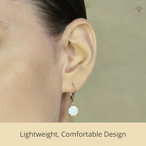 14k White or Yellow Gold Cushion Cut Gemstone Dangle Earrings for Women with 8mm Birthstones by MAX + STONE - color: Created-Opal
