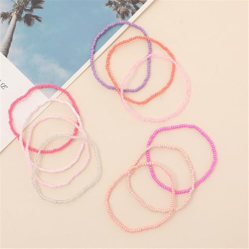 Boho Stackable Rice Beaded Bracelet Set for Women 8-10Pcs Colorful Handmade Multilayered Crystal Beads Bracelets Summer Beach Bohemian Jewelry Gift - color: A Pink