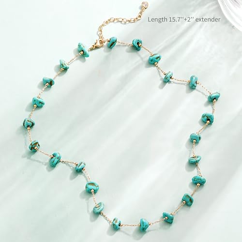 Created Turquoise Necklace for Women 14K Gold Plated Beaded Heart Choker Boho Necklaces Handmade Beach Summer Everyday Western Jewelry Gifts - color: Gold Chain, style: Irregular