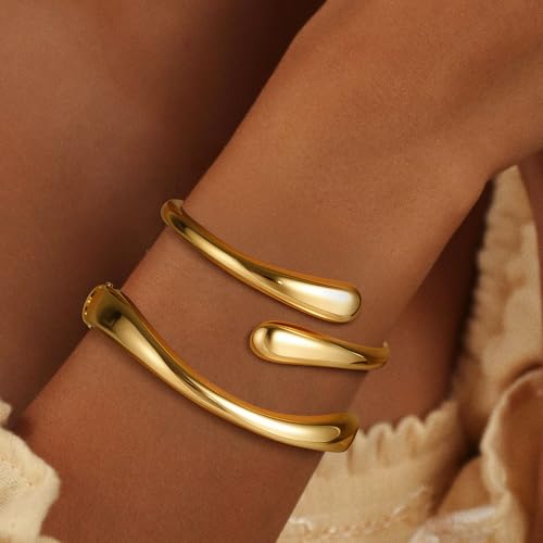 Gold Bracelets for Women Trendy, 18K Gold Plated Bangle Bracelet Set Chunky Twist Cuff Gold Bracelet Non Tarnish Waterproof Jewelry Gifts for Women - color: Gold-2PCS