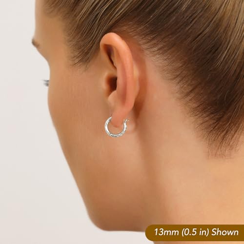 10K White Gold Hand Engraved Full Diamond-cut Round Hoop Earrings, Secure Latch Back Closure - style: 13mm