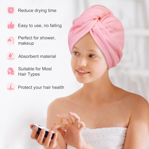 Basumee Microfiber Hair Towel Wrap for Kids 2 Pack Rapid Drying Hair Towel with Button Hair Turbans for Wet Hair Wraps Head Towel Wrap for Women and Girls - color: Pink Gray