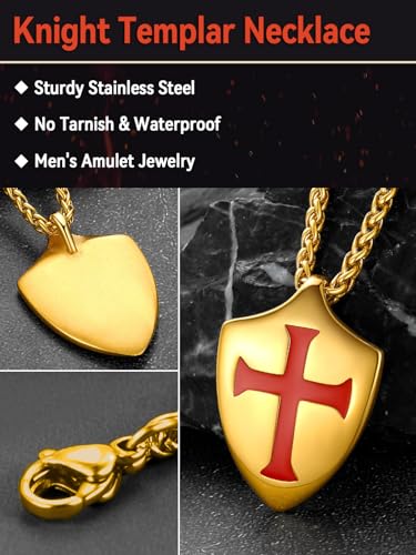 FaithHeart Knights Templar Necklace for Men, Christian Necklace for Men Stainless Steel Pendant Neckalces Christian Gifts with Gift Box - color: 06. Shield-Gold(Custom)