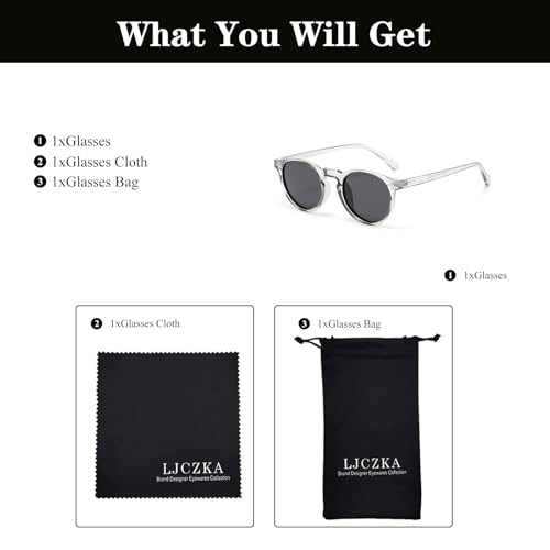 LJCZKA Round Polarized Sunglasses for Men Women Retro Small Face Sunglasses Polarized Vintage Sun Glasses UV400 Protection - color: Clear Grey Grey