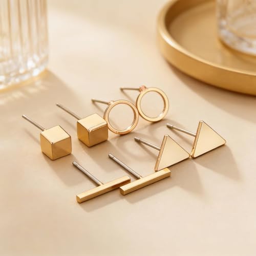 Gold Circle Earrings for Women Circle Stud Earrings Simple Tiny Triangle Square Bar Stud Earrings Trendy Jewelry Gifts - color: A7：4 pairs gold solid earrings set