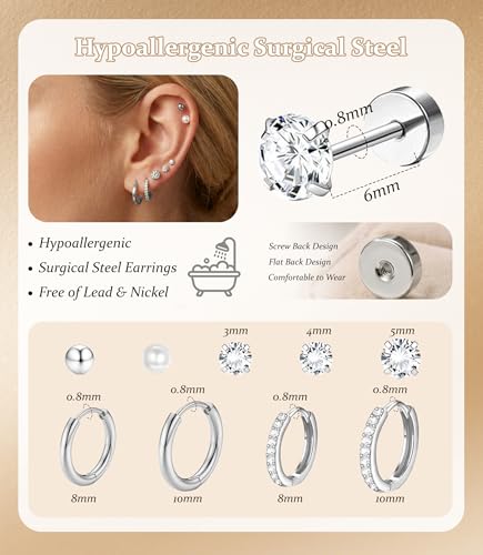 Incaton Hypoallergenic Flat Back Earrings for Women Silver 14K Gold Plated Surgical Stainless Steel Stud Earrings Cubic Zirconia Cartilage Studs Earrings For Multiple Piercing Sensitive Ears - color: J-Silver