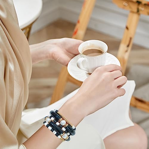 GOOJIDS Simple Beaded Gold Plated Bangles Bracelet Chunky Bamboo Tube Curved Stacking Clear Acrylic Colorful Beads Stretchable Gold Plated Bracelets Set For Women - color: A-A2 Black Set