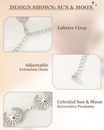 AWAYTR Chain Belt for Women – Adjustable Boho Metal Waist Chain Belt Gold Sliver for Dresses Jeans Country Concert Outfit - color: Sliver-sun & Moon
