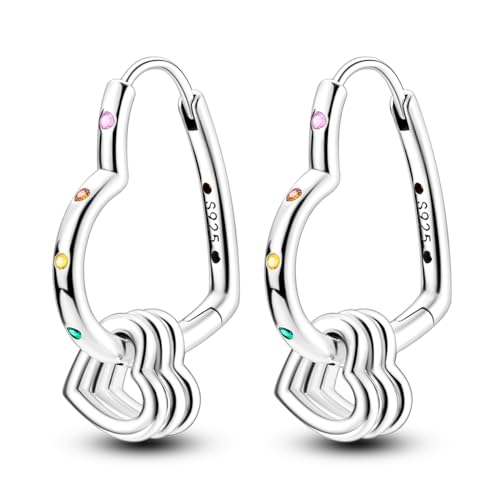 Parmuz 925 Sterling Silver Earrings Hoops for Women Ladies Simple Lightweight Twisted Medium Hoop Earrings With Cubic Zirconia Hypoallergenic Jewelry for Her - color: Colorful double heart earring