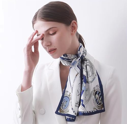 ANDANTINO 100% Silk Scarf for Women 59”*6.3” Long Shawls for Headscarf and Neck- Oblong Hair Wraps with Gift Packed - color: White&blue -Nautical