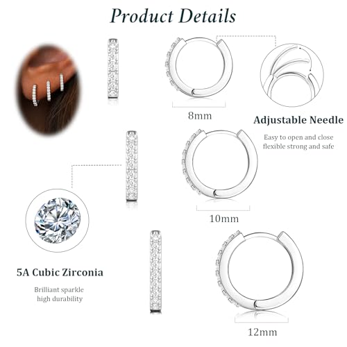 Poxtex Small Sterling Silver Huggie Hoop Earrings Set for Women, Hypoallergenic 14K Gold Plated Hoops Stacks for Multiple Piercings, Dainty Cute Mini Lightweight Cartilage Studs Trendy Jewelry Gift - color: Silver-cz hoops 8 10 12