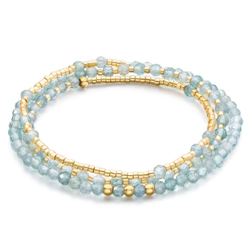 Beaded Bracelets for Women Small Blue Glass Beaded Stretchy Seed Bracelets Stackable Natural Gemstone Crystal 14K Gold Plated Beads Summer Boho Jewelry Gift - color: Apatite