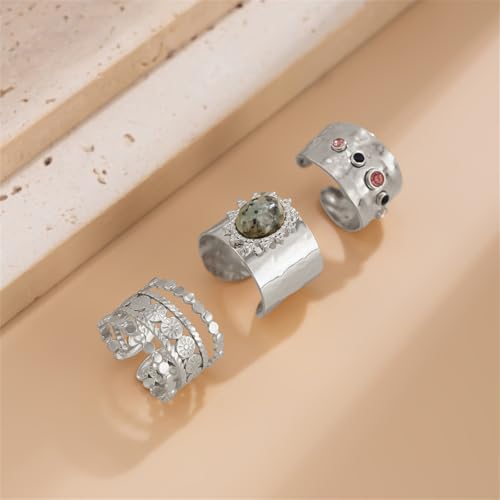 3Pcs Chunky Statement Ring Set for Women,Stackable Wide Band Rings Vintage Shiny Crystal Adjustable Finger Rings Statement Aesthetic Ring Pack - color: Silver