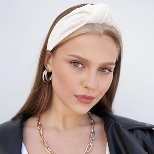 YISSION Knotted Headband Wide Headbands for Women Non Slip White Headband Fashion Head Bands Top Knot Hairband Hair Accessories for Women (Hairy Surface)