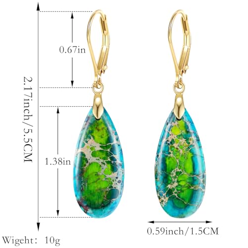 XGALBLA Boho Long Teardrop Stone Dangle Drop Earrings for Women Natural Healing Stone Leverback Earrings Statement Gold Tone - color: Green- Golden Leverback