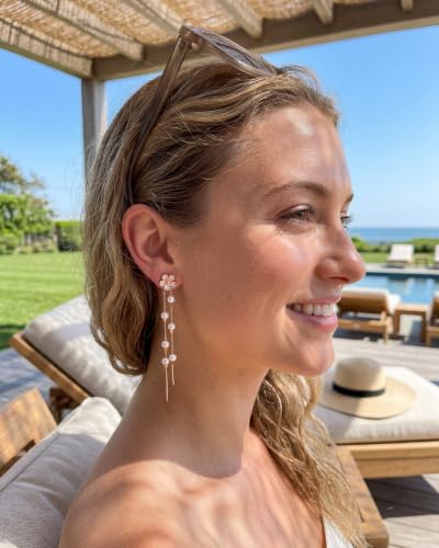 MUMREUES Gold Earrings for Women Trendy 14k Gold Plated Cubic Zirconia Flower Dangle Earrings Hypoallergenic Dainty Pearl Drop Chain Earrings Jewelry Gifts for Her - color: Flower & Rose Gold