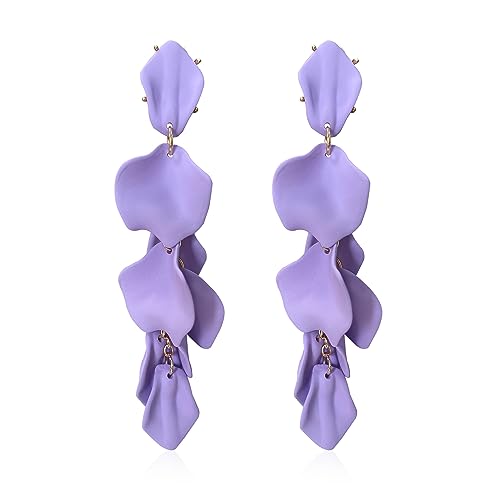 Long Acrylic Rose Petal Earrings Dangle Exaggerated Flower Earrings Drop Statement Floral Tassel Earrings for Women - color: Violet
