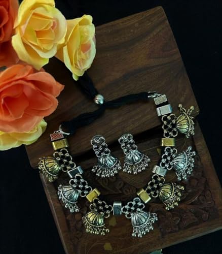 Indian Designer Statement Afghani Silver Oxidised Dual Tone Ethnic Traditional Tassel Choker Necklace Jewelry Women - color: SILVER