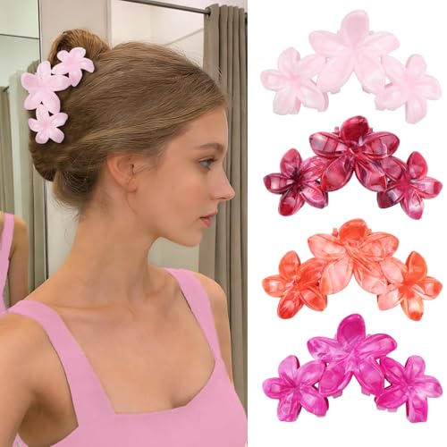 4Pcs Cute Hawaiian Flower Claw Hair Clips for Women Pink Red Large Claw Clips for Thick Thin Hair Strong Hold Beach Hair Accessories for Women and Girls - color: 01-Colorful