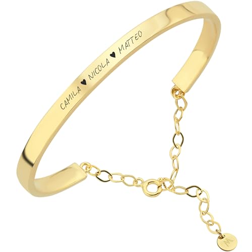 MIONZA 18K Gold Vermeil Personalized Bangle Bracelet for Women, Custom Engraved Cuff with Personal Text
