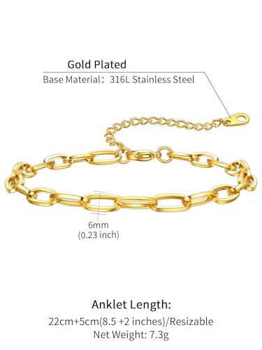 ChainsHouse Ankle Bracelets for Women, Stainless Steel Chain Anklets Waterproof, Women Summer Beach Jewelry Gift, Come with Box - color: 01. 1Pcs-(6mm)-Paperclip-14K Gold