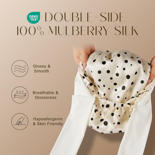 ZIMASILK 100% Mulberry Silk Bonnet for Sleeping Women Long Hair Double Layer Silk Hair Wrap with Tie Band Stay On Head (1Pc, Polka Dot) - color: Polka Dot