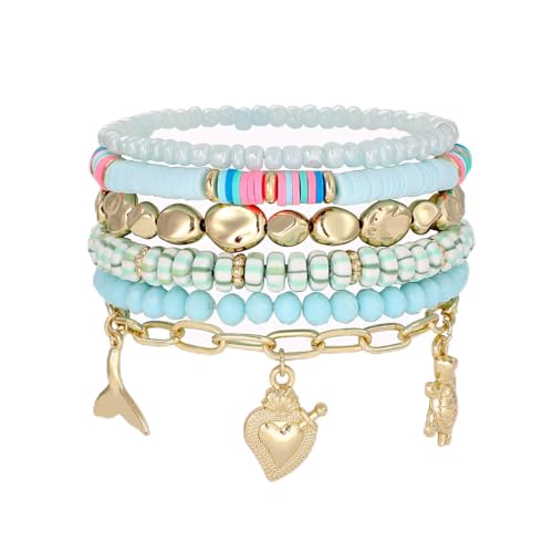 Shell Bracelet Seashell Boho Beaded Stretch Bracelets for Women Summer Beach Bracelets Starfish Charm Bracelet Stackable Gold Plated Bracelets Set for Women - color: h-blue