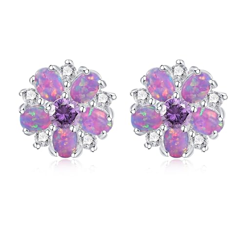 CiNily Flower Earrings,Opal Stud Earrings Sterling Silver or White Gold/Rose Gold Plated Ladies Flower Stud Earrings Cute Unique Earrings for Girls - color: Purple opal