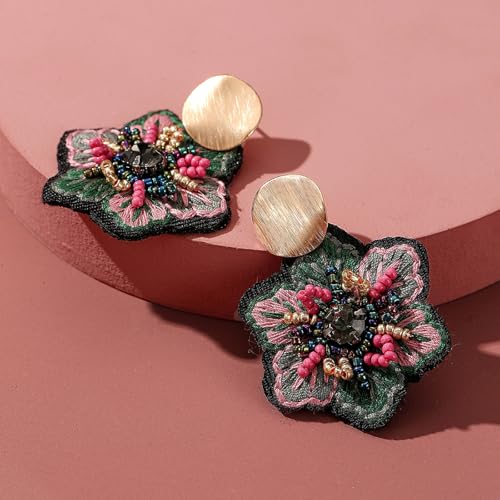 Boho Floral Embroidered Earrings with Colorful Bead Accents and Crystal Center for Women - color: Green
