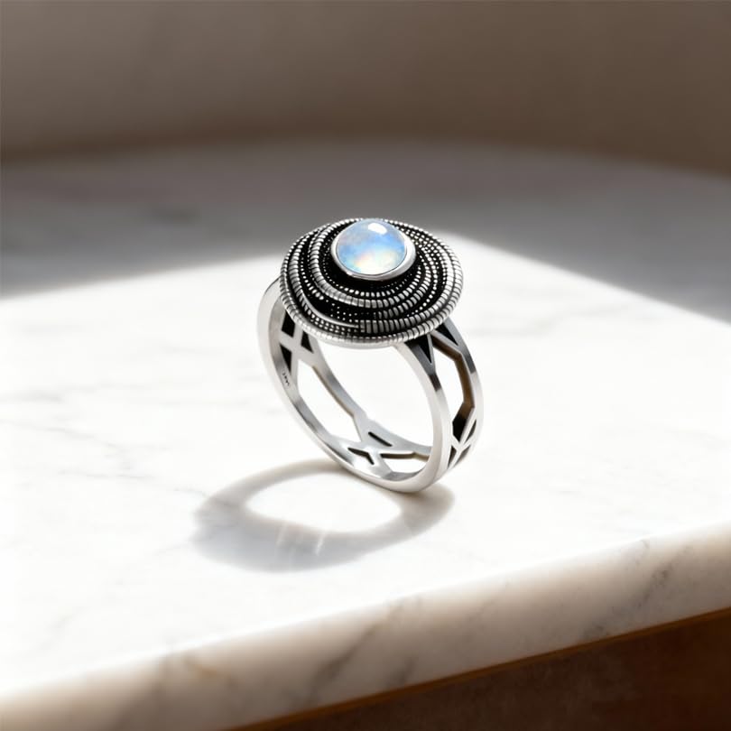 Mulit Circle Cross Lines Thick Top Jade Gem Ring,Silver Plated Cocktail Party Ring,Statement Ring Jewelry Gift for Women - color: RIng_E moonstone