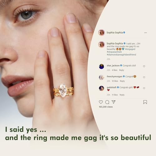 4CT Moissanite Marquise Engagement Ring Set for Women, Vintage Vine D Color VVSI 14K Gold Plated Promise Wedding Band, Bridal Festival Gift with Certificates - color: Gold, size: 8