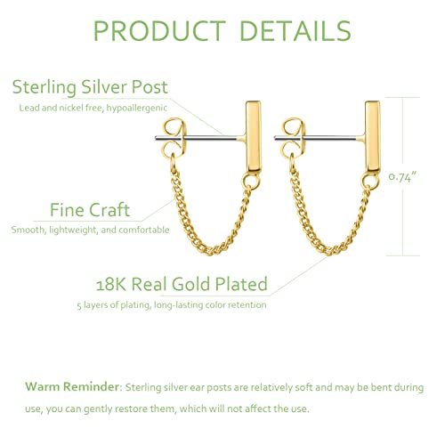 Chain Earrings for Women Small Sterling Silver Post Bar Drop Dangle Earrings Minimalist Stud Earring Hypoallergenic Dangly Jewelry Gift - color: small chain stud/gold