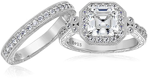 Amazon Essentials Platinum or Gold Plated Sterling Silver Antique Ring set with Asscher-Cut Infinite Elements Cubic Zirconia - color: White Zircon/Platinum, size: 6