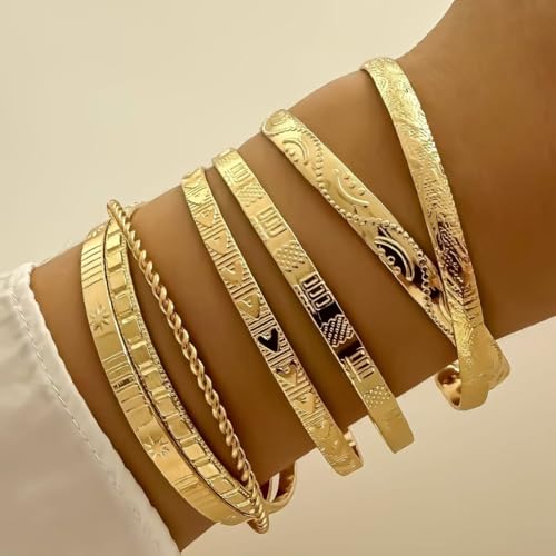 Gold Bracelet for Women - Multi-layer Stacked textured Boho Bracelet, Gold bracelet for Women, gold plated multi-layer stackable sleeve bracelet jewelry gift - style: Golden flat