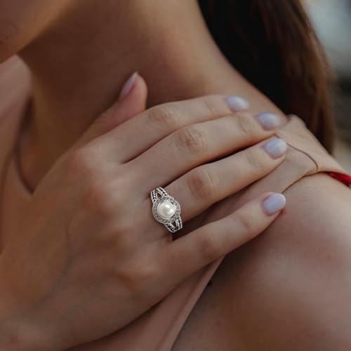 Designer Inspired Twisted Cable Statement Rings for Women Fashion Jewelry 8 MM CZ Split Shank Cable Ring Gift - color: White Pearl