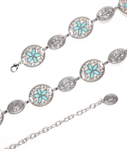 Dubulle Womens Belt Chain Leather Belts Vintage Western Adjustable Elastic Double Buckle for Cowboy Pant Dress - color: W Antique Silver