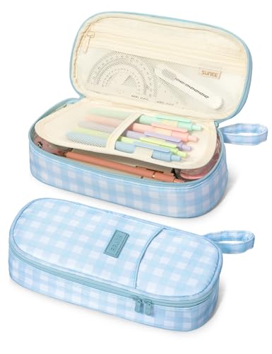 SUNEE Cute Pencil Case, Aesthetic Pen Pouch, Colored Large Pencil Bag with Zipper, Kawaii Stationery Storage and Organizer, School Supplies for Teen and Adult Girls, Blue Checkered - color: Blue Checkered