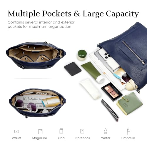 befen Genuine Leather Crossbody Hobo Purse for Women Soft Lightweight Leather Handbags with 2 Removable Straps - color: M-navy Blue