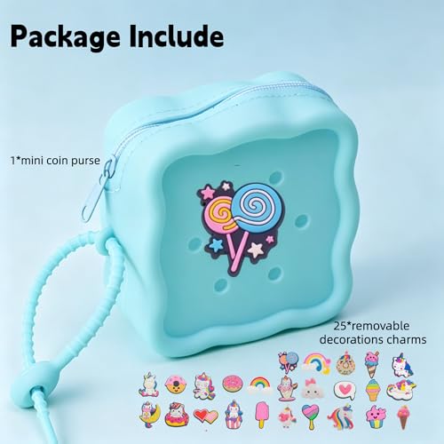 Soft Silicone Zipper Coin Purse Lovely Cartoon Hole Design Miniature Wallet Children's Storage Pouches Organizers For Kid with 25pcs DIY Charms (Green) - color: Green