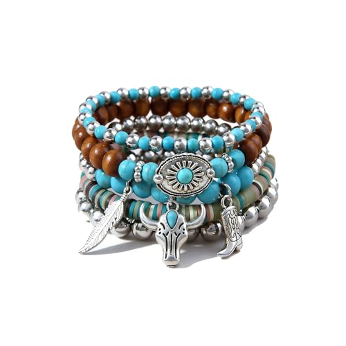 Western Outfit for Women Bohemian Vintage Stackable Turquoise Bracelet Rustic Beaded Cow Head Charm Stretch Bracelet Western Jewelry Country Concert Outfits for Women - style: Bullhead Tree Leaves