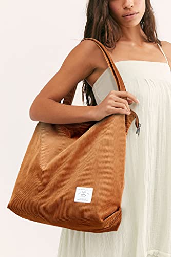 KALIDI Women Corduroy Tote Bag Zipper Casual Tote's Handbag Big Capacity Shoulder Bag with Pockets - color: White+black