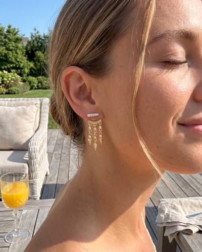 MUMREUES Gold Earrings for Women Trendy 14K Gold Plated Dangle Earrings Small Hoop Huggie Drop Stud Earrings Cubic Zirconia Simple Minimalist Dainty Chain Tassel Hypoallergenic Earrings - color: Jacket & Gold
