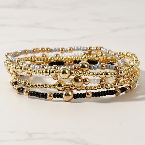 14K Gold Plated Beaded Bracelets Stack Set for Women,Stretch Boho Colorful Beads Ball Jewelry Friendship Summer Trendy - color: White ball