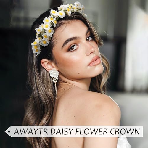 AWAYTR Flower Hippie Floral Crown - Boho Sunflower Headband for Women, Hippie Costume and Hair Accessories (White) - color: White
