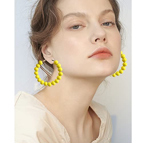 Handmade Nature Wooden Beaded Hoop Earrings Bohemian Minimalist Colorful Circle Round Wood Bead Earrings Vintage Chic Wooden Ethnic Dangle Drop Earrings for Women Statement Jewelry Gifts - color: Yellow