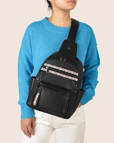 FADEON Large Sling Bag for Women, Leather Crossbody Purse Designer Anti Theft Sling Backpack, RFID Fanny Packs for Travel - color: Pure Black