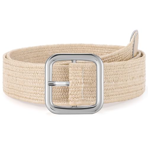 XZQTIVE Straw Woven Elastic Belt for Women Stretch Waist Belt for Dress Boho Raffia Ladies Belt with Gold/Sliver Buckle - color: Beige(silver Buckle), size: Fit Waist Size Below 41"