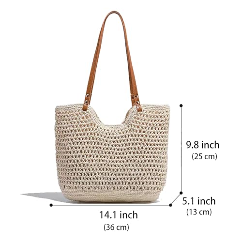 Cotton Fibre Crochet Beach Tote Bag for Vacation,Bohemian Cotton Hobo Shoulder Bag Casual Woven Purse for Women - color: Beige Shoulder Bag - 3